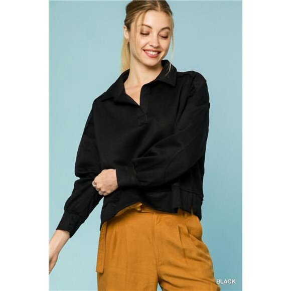 ✨NWT Umgee Collared Neck Long Sleeve Top with Raw Hem Detail - Picture 1 of 3